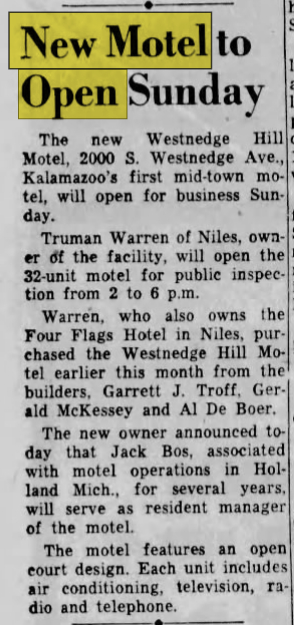 Kalamazoo Inn Motel (Westnedge Hill Motel) - Dec 20 1957 Article (newer photo)